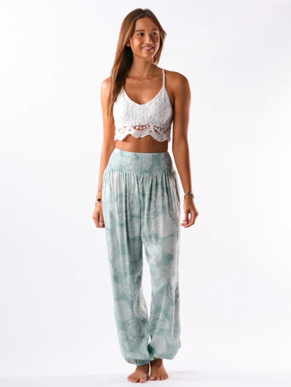 Smocked High-Waist Mint Paisley Joggers for Women